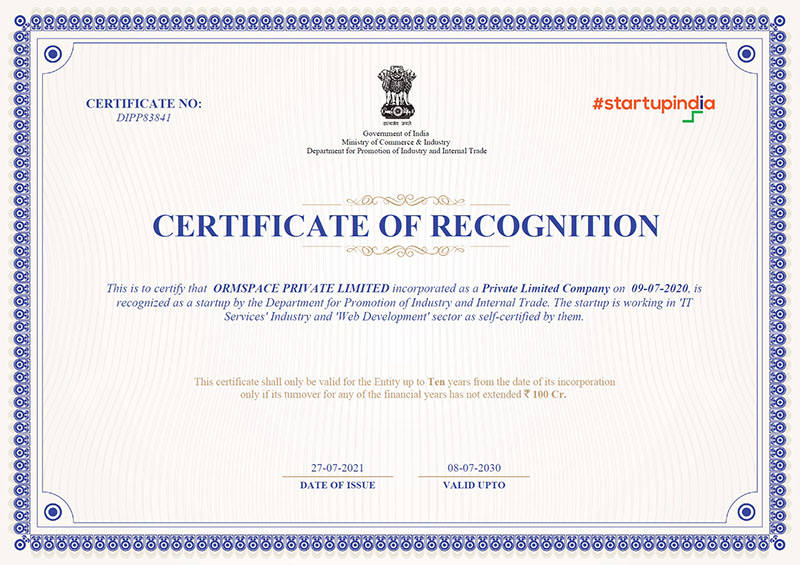 Ormspace-Startup-India-certificate